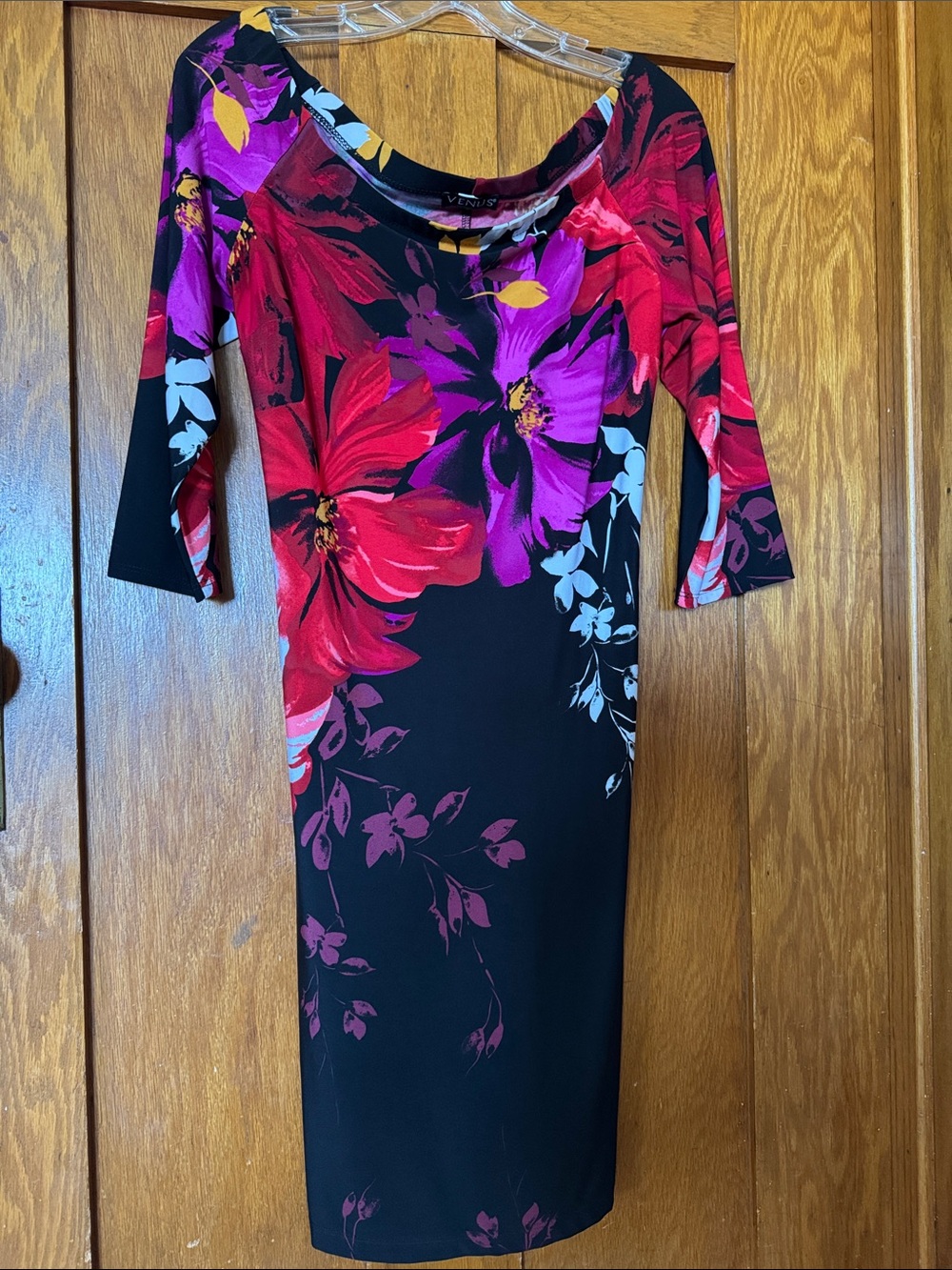 VENUS Black Midi Dress with Red, Pink & Purple Floral Print